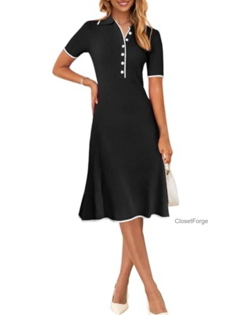 Ribbed Knit Bodycon Midi Dress - V-Neck Short Sleeve Work Casual